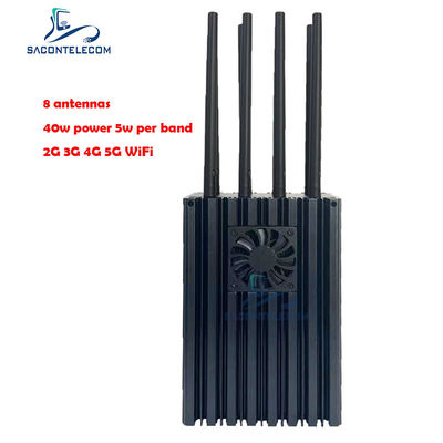 5G के लिए 4-10W प्रति बैंड और 50 मीटर जैमिंग रेडियस के साथ 8 चैनल पोर्टेबल मोबाइल फोन सिग्नल जैमर