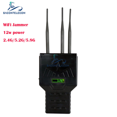 12W हैंडहेल्ड वाईफाई ब्लूटूथ 2.4G 5.2G 5.8G मोबाइल फोन सिग्नल जैमर, 50 मीटर रेंज के साथ
