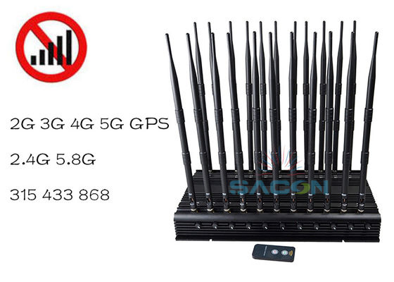 42W पावर एडजस्टेबल बैंड सिग्नल जैमर ब्लॉकर 40m रेंज के साथ VHF UHF 5G सिग्नलों के लिए