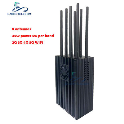 5G के लिए 4-10W प्रति बैंड और 50 मीटर जैमिंग रेडियस के साथ 8 चैनल पोर्टेबल मोबाइल फोन सिग्नल जैमर