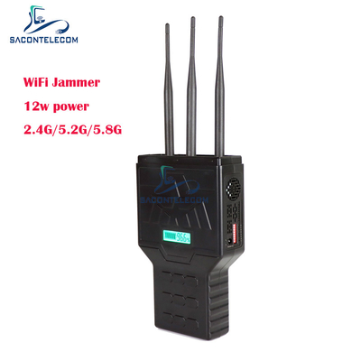 12W हैंडहेल्ड वाईफाई ब्लूटूथ 2.4G 5.2G 5.8G मोबाइल फोन सिग्नल जैमर, 50 मीटर रेंज के साथ