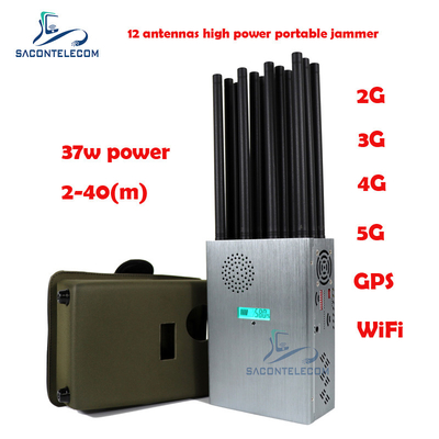 उच्च शक्ति 37w मोबाइल फोन सिग्नल जैमर 12 एंटेना 2G 3G 4G 5G पोर्टेबल जैमर